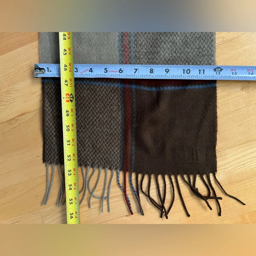 🐑Woodward Plaid Cashmere Wool Fringed Scarf | Taupe Brown Blue + Red
